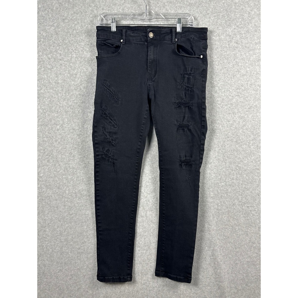 Bleecker & Mercer Skinny Jeans Mens 34x32 Black Distressed Ripped Stretch Denim